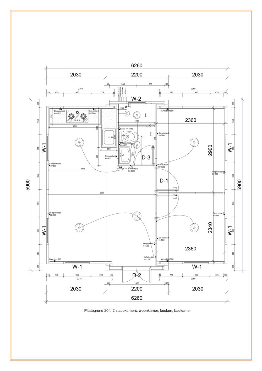 2D-plattegrond 36,93 m², 2 slaapkamers · 1 badkamer